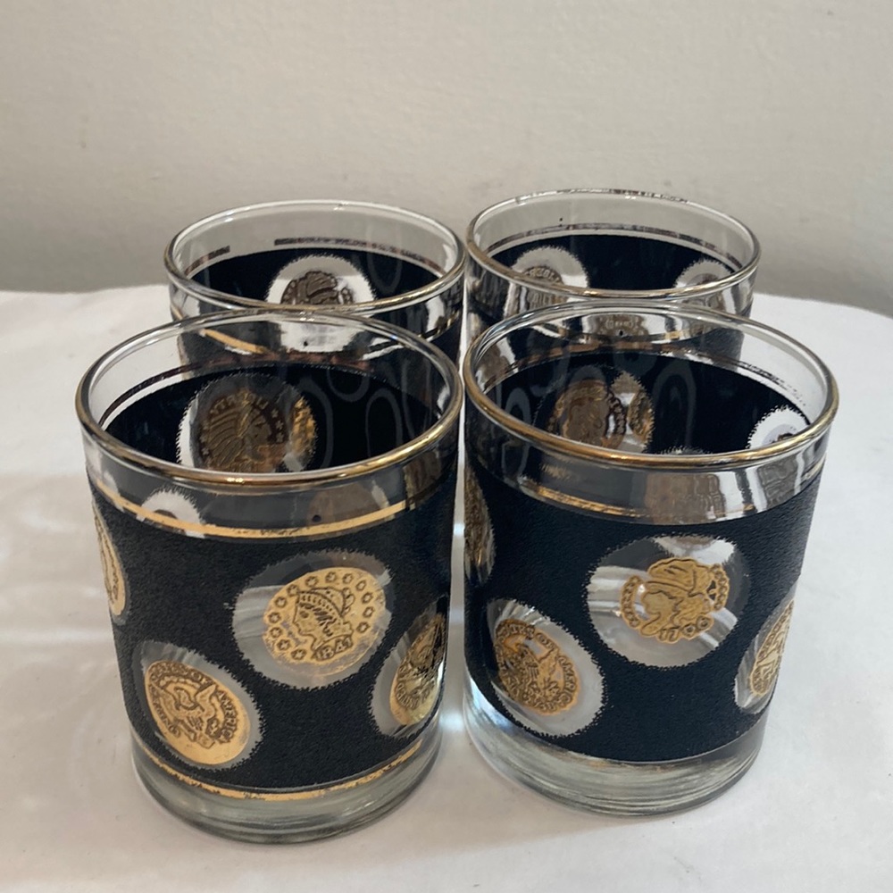 Vintage Libbey Black gold coin design MCM Barware set of 4 rock glasses